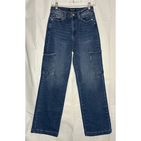 Judy Blue Denim - Judy Blue High Rise Cargo Jeans 7/28 Dark Wash Straight Leg Utility Y2K Stretch